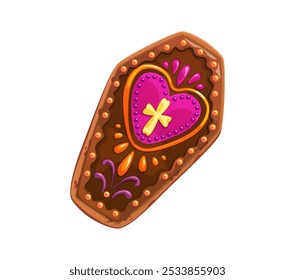 Mexican Day of Dead holiday coffin cookie or cake. Mexico culture traditional vector scary biscuit, Mexican Day Dead pastry or Dia de Los Muertos spooky coffin glazed cookie with heart and cross