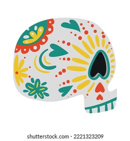 Mexican day of dead holiday flat icon with traditional patterned skull side view vector illustration