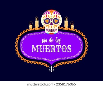 Marco del Día de la Muerte en México con calavera de azúcar y velas. Vector México Halloween o Dia De Los Muertos ofrenda altar cabeza esqueleto, calavera cráneo con ornamentos étnicos florales