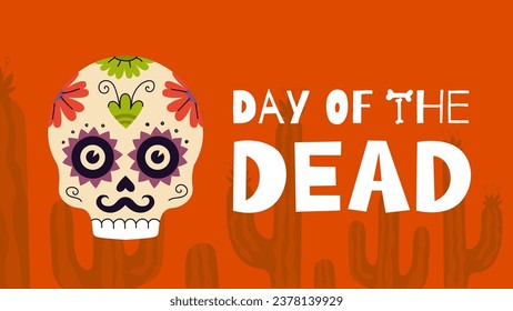 Mexican Day of the Dead holiday horizontal poster. Dia de Los Muertos national festival greeting card with colourful lettering and skull. Mexico traditional carnival banner vector eps design template