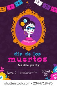 Mexican day of the dead holiday invitation template with portrait of dead girl and flowers in pink, blue and purple shades.
