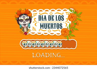 Mexican day of dead holiday loading bar. Dia de los muertos celebratory vector scale, showcasing colorful calacas, Katrina and marigolds, representing rich cultural traditions and honoring ancestors