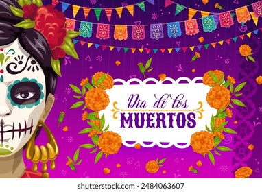 Mexican Day of the Dead holiday with marigold flowers, Catrina calavera and pennants, vector banner. Dia De Los Muertos papel picado garland flags and floral ornament for Mexican holiday fiesta