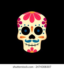 Mexican, Day of the Dead holiday ornate skull. Mexico Halloween celebration death face print, Dia de Los Muertos skeleton head or Mexican Day of the Dead holiday sugar calavera skull vector icon