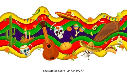 Mexican Day of the Dead holiday paper cut banner with cartoon sugar skulls, flowers and skeleton bones. Vector Dia de los Muertos papercut wavy layers, altar offerings, sombrero, guitar and maracas