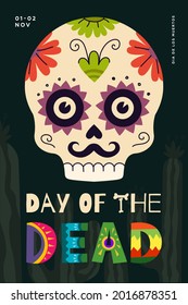 Mexican Day of the Dead holiday poster. Dia de Los Muertos national festival greeting card with colourful lettering and skull. Mexico traditional november carnival banner vector eps design template