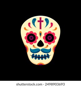 Mexican Day of the Dead holiday sugar skull. Hispanic culture Halloween celebration skeleton head, Mexico Dia De Los Muertos face or Mexican Day of the Dead holiday sugar calavera skull vector tattoo