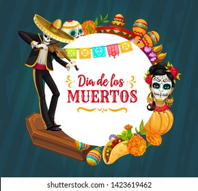 Mexican Day of the Dead holiday vector greeting card of mariachi skeleton playing violin, Catrina and sugar skull, maracas, sombrero and marigold flowers, coffin and bunting. Dia de los Muertos theme