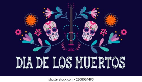Mexican Day of the Dead horizontal greeting card vector illustration