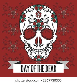 Mexican Day of the Dead illustration with Death Mask Skull with flowers ornament. Holiday card, vector