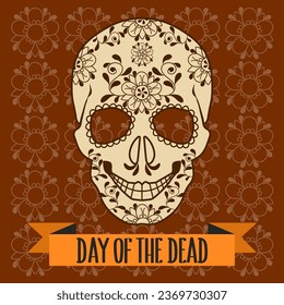 Mexican Day of the Dead illustration with Death Mask Skull with flowers ornament. Holiday card, vector