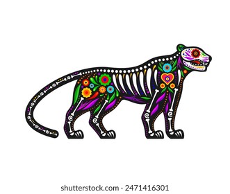 Mexican day of the dead jaguar animal sugar skull tattoo. Isolated vector animal skeleton figure with bones and patterns, melds ancestral reverence with wild spirit of jungle in a celebratory fusion.