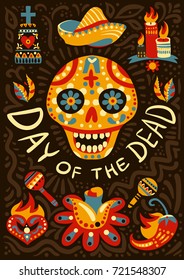 Mexican day of dead midnight festivities decorative background poster with traditional colorful ornamental skull symbol vector illustration 