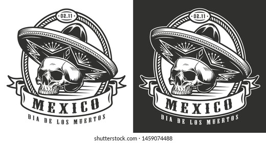 Mexican Day of Dead monochrome logotype with skull in sombrero hat in vintage style isolated vector illustration
