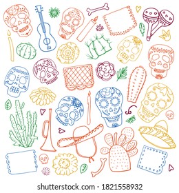 Mexican Day of the Dead objects set. Painted skulls, music instruments, decorations. Hand drawn vector sketch illustration on white background