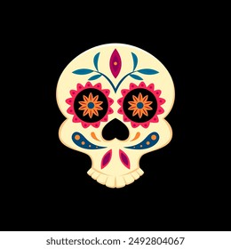 Mexican Day of the Dead ornate skull. Hispanic culture Halloween celebration death face tattoo, Mexico Dia De Los Muertos sugar calavera skull or Day of the Dead holiday skeleton head vector print