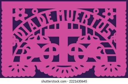 
Mexican day of the dead papel picado with cross in the center and flowers on the sides