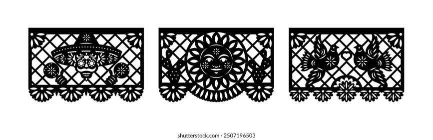 Día Mexicano de Muertos. Papel Picado, guirnalda de corte de papel Dia de Muertos con adorno hispano. Bandera, plantilla, Plantillas. Ilustración vectorial para el diseño, tarjeta, corte por láser.