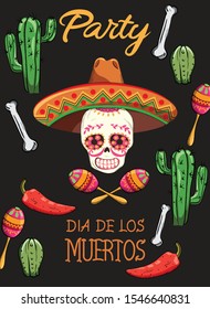 Mexican Day of the Dead party with holiday decorations. Skull with flowers and sombrero hat. Bones, cactus, hot pepper and colorful maracas. Black background. Vector