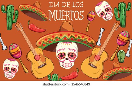 Mexican Day of the Dead party with holiday decorations. Skull with flowers and sombrero hat. Bones, guitar, cactus, hot pepper and colorful maracas. Orange background. Vector
