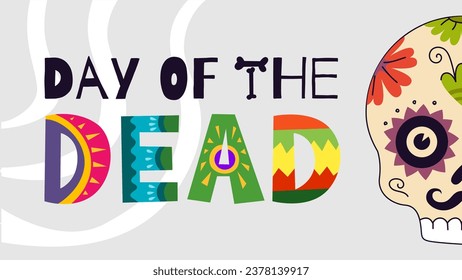 Mexican Day of the Dead party horizontal poster. Dia de Los Muertos national Mexico festival greeting card. Colourful lettering and skull on Latin America holiday banner. Traditional carnival design