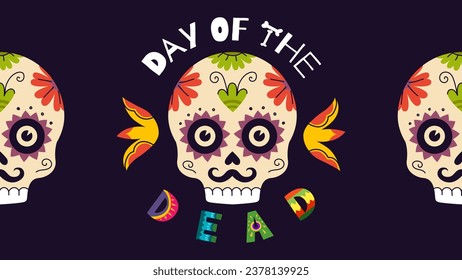 Mexican Day of the Dead party horizontal poster. Dia de Los Muertos national Mexico festival greeting card. Vector lettering and skull on Latin America holiday banner. Traditional november carnival