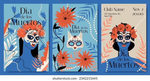 Mexican day of the dead party invitation card set with girls with carnival masks, flowers and cat skull. Vector illustration in flat style