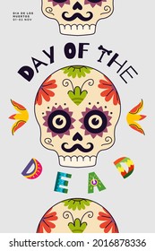 Mexican Day of the Dead party poster. Dia de Los Muertos national Mexico festival greeting card. Vector lettering and skull on Latin America holiday banner. Traditional november carnival illustration