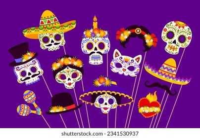 Mexican day of dead photo booth masks. Dia de los muertos holiday party masks. Vector calavera sugar skulls, sombrero, mustaches and cat head with maracas and hat with intricate and vibrant details