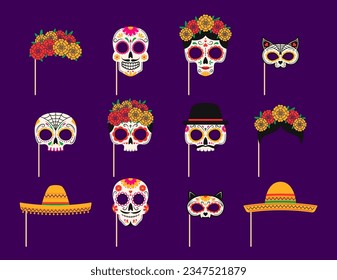 Mexican day of dead photo booth masks with props. Dia de los muertos holiday party masks. Vector calavera sugar skulls, sombrero hat, flower wreaths and cat head with intricate and vibrant details