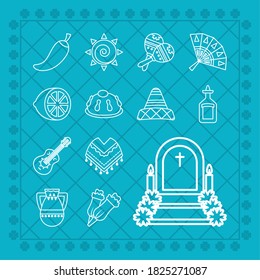 mexican day of dead and poncho icon set over blue background, line style, vector illustration