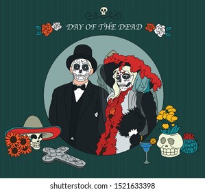 Mexican Day the Dead Poster Couple Dressed as Skeleton  Dia de Los Muertos  hand drawn style vector design illustrations 