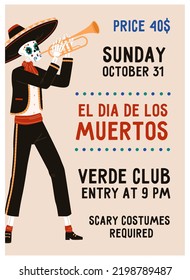 Mexican Day of Dead poster, flyer card design with skeleton in sombrero. Vertical holiday party banner template for spooky Dia de los Muertos festival in Mexico. Colored flat vector illustration