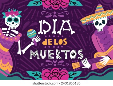 Mexican day of dead poster. Halloween carnival invitation, skeletons in national costumes, death culture traditional symbols, vector set