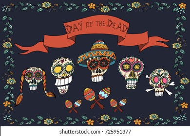  Mexican day of the dead poster. Hand drawn vector illustration with skull, flowers and ethnic elements.  . 