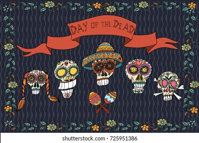  Mexican day of the dead poster. Hand drawn vector illustration with skull, flowers and ethnic elements.  . 