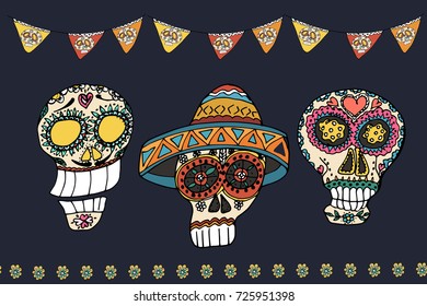  Mexican day of the dead poster. Hand drawn vector illustration with skull, flowers and ethnic elements.  . 