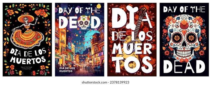 Mexican Day of the Dead poster. Latin American Dia de Los Muertos festival placard. Catrina, sugar skull, bright street and guitar. Mexico traditional holiday banner. Spanish vector design templates