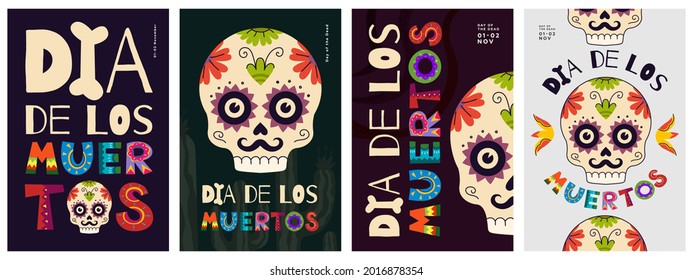 Mexican Day of the Dead poster set. Dia de Los Muertos national festival greeting cards with colorful lettering and skull. Mexico religious november holiday banners vector eps design templates