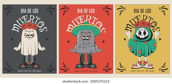 Conjunto de afiches del Día de los Muertos en México. Tarjetas de felicitación del Día de Los Muertos con personajes en estilo moderno y groovy. Lindo fantasma, Muerte y lápida usando un sombrero. Estilo de dibujos animados retro de los años 60-70.