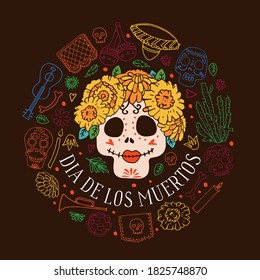 Mexican Day of the Dead round composition template. Painted skulls, music instruments, decorations. Hand drawn vector sketch illustration