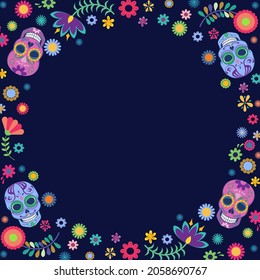 140 Mexican day of the dead round frame vector illustration Images ...