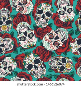 Mexican Day of Dead seamless pattern with colorful calaveras on rose flowers background in vintage style vector illustration