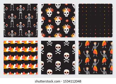 Mexican Day of the Dead seamless pattern set. Creative Dia de Los Muertos wallpaper background. Mexico national festival texture of cute hand drawn woman, man, sugar scull, skeleton template. 