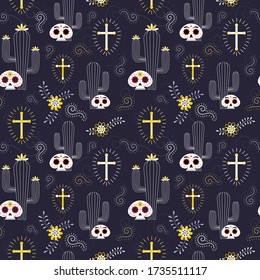 Mexican Day of Dead seamless pattern with skulls, flowers, cacti, botanical ornaments and symbols. Di a de Muertos festival repeating background for textile prints, fabric and wrapping paper.