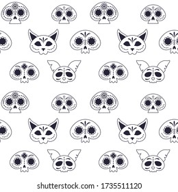 Mexican Day of Dead seamless pattern with animal and human ornamented skulls on white. Di a de Muertos festival black and white repeating background for textile prints, fabric and wrapping paper.