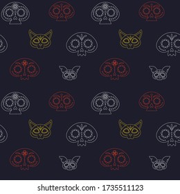 Mexican Day of Dead seamless pattern with animal and human ornamented skulls on dark. Di a de Muertos festival repeating background for textile prints, fabric and wrapping paper.
