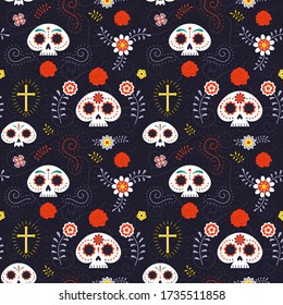 Mexican Day of Dead seamless pattern with skulls, flowers, botanical ornaments and symbols. Di a de Muertos festival repeating background for textile prints, fabric and wrapping paper.