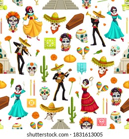 Mexican Day of the Dead seamless pattern. Vector background of Dia de los Muertos sugar skulls, sombreros and guitars, Catrina, marigold flowers and cactuses, candles, bread, churches and pyramids