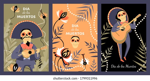 Mexican day of the dead set of cards with funny skeletons in mariacci costumes and flowers. Dia de los muertos banners. Cartoon illustrations in flat style